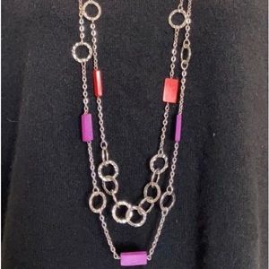 🧡 Chico's Vintage Double Strand 40" Silver Tone Chain Purple Orange Red Beads